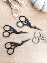 Load image into Gallery viewer, Black and silver stork embroidery scissors, thread and pin cushion
